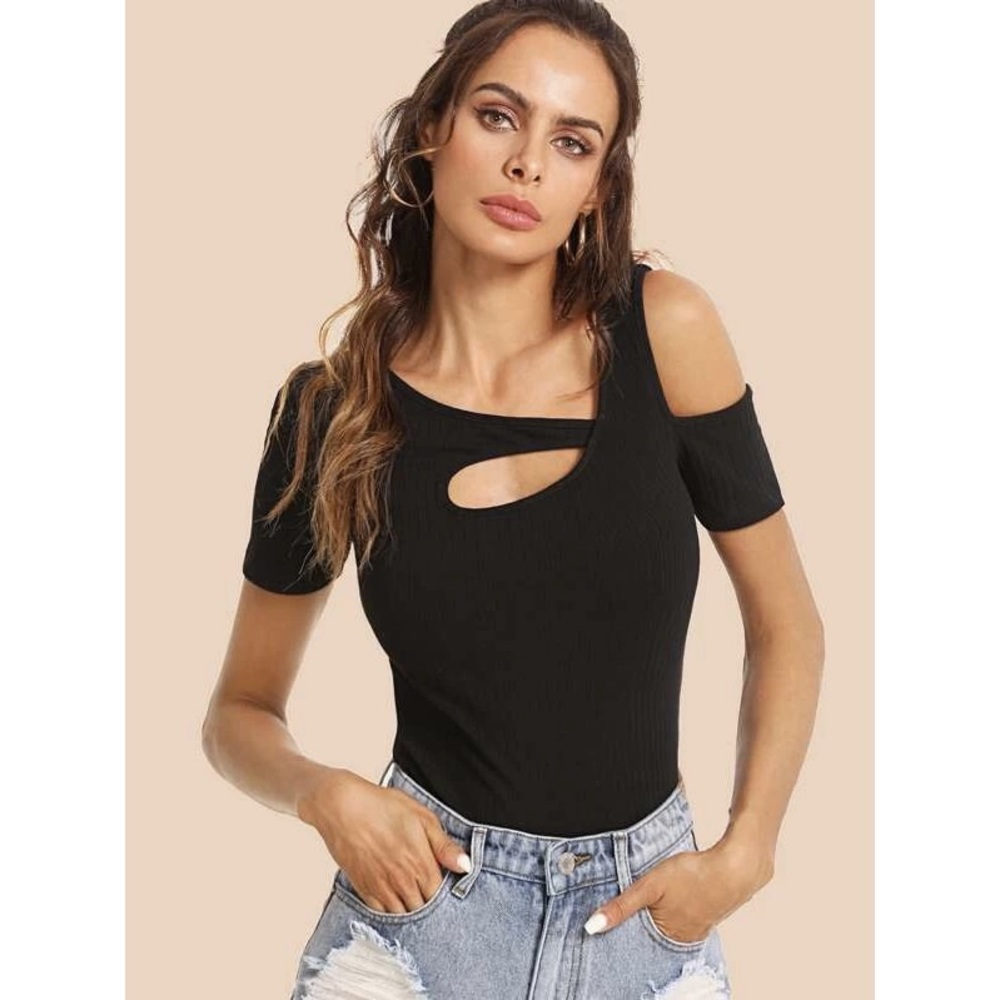 Shein Cutout Asymmetrical Neck Ribbed Tee